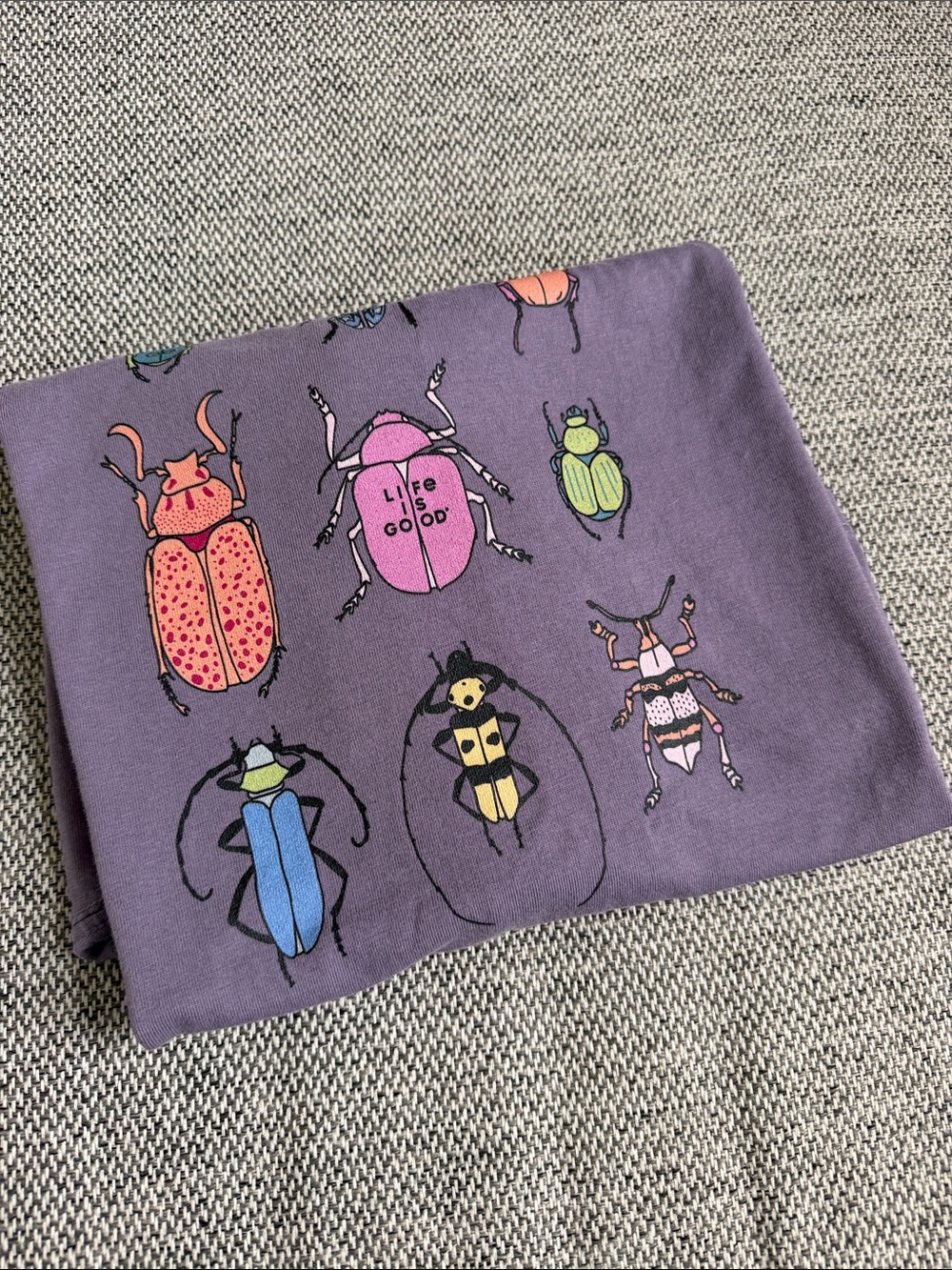 Life Is Good Purple Boxy Tshirt with Multicolor Beetles and Bugs Graphics - Picture 10 of 11